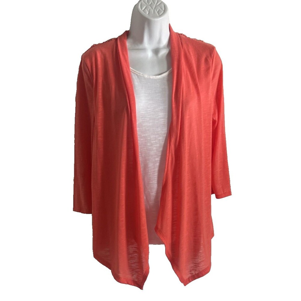No Boundaries Jr Womens M 7-9 Coral/White Open Front Cardigan Crochet Back NWOT